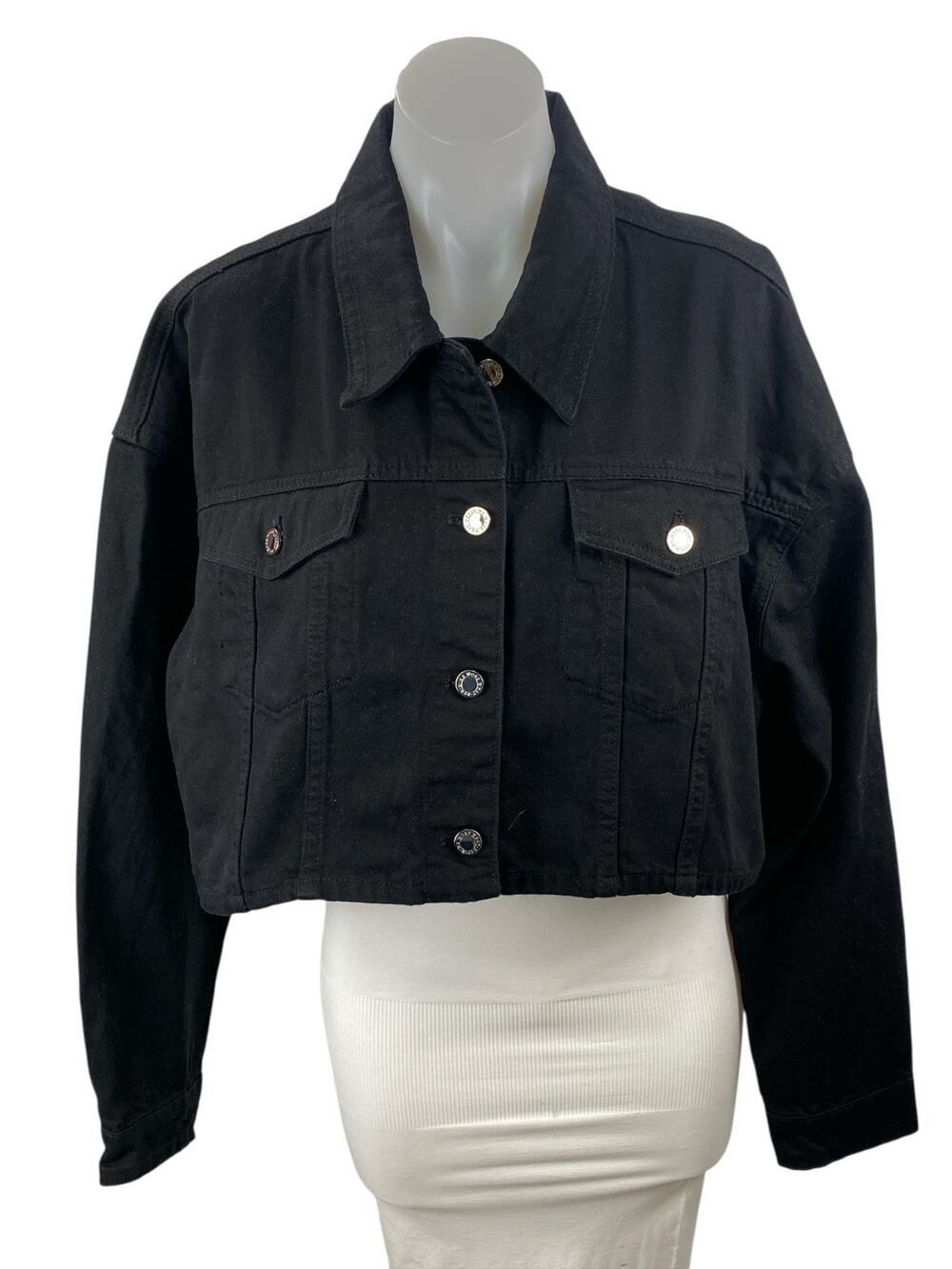 WeWoreWhat Women's Black Collared Long Sleeve Crop Boxy Denim Coat Jacket Size M